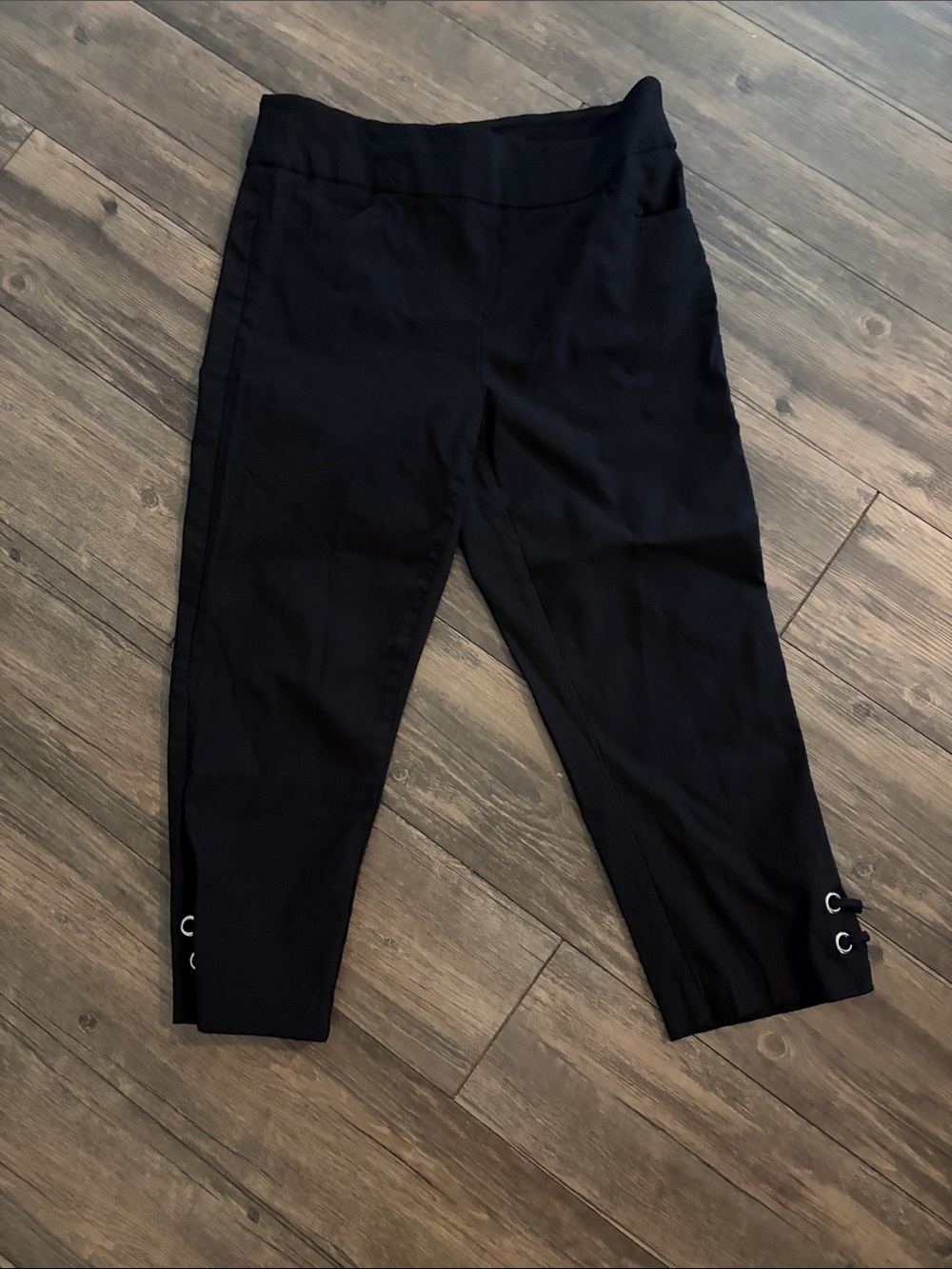Women's Black Pull-On Capri Pants with Ankle Eyelet Detail